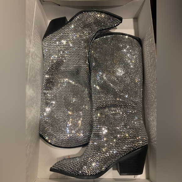 Black and Silver Metallic Rhinestone Boots with Heel - Picture 4 of 10